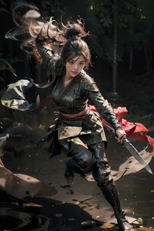 ((full body illustration)), high definition|quality|contrast. Magic fantasy art. an beautiful Chinese warrior woman holding a staff in a combat pose, ((imposing pose)), looking at the viewer, traditional dress in shades of green, tattoo on her leg, (swirl of leaves around), wind. her body emanates an energy of peace and strength that emits white and green colors of peace and strength.This energy that radiates around her protects her against an evil spirit. soft ambient light. ((((2.5D anime style)))
