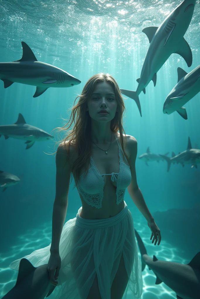((best quality)), ((chef-d&#39;artwork)), (detailed), visage parfait. A pretty mermaid in diving gear, braided brown hair, tatouée et ayant des piercings, surrounded by small sharks and rays.