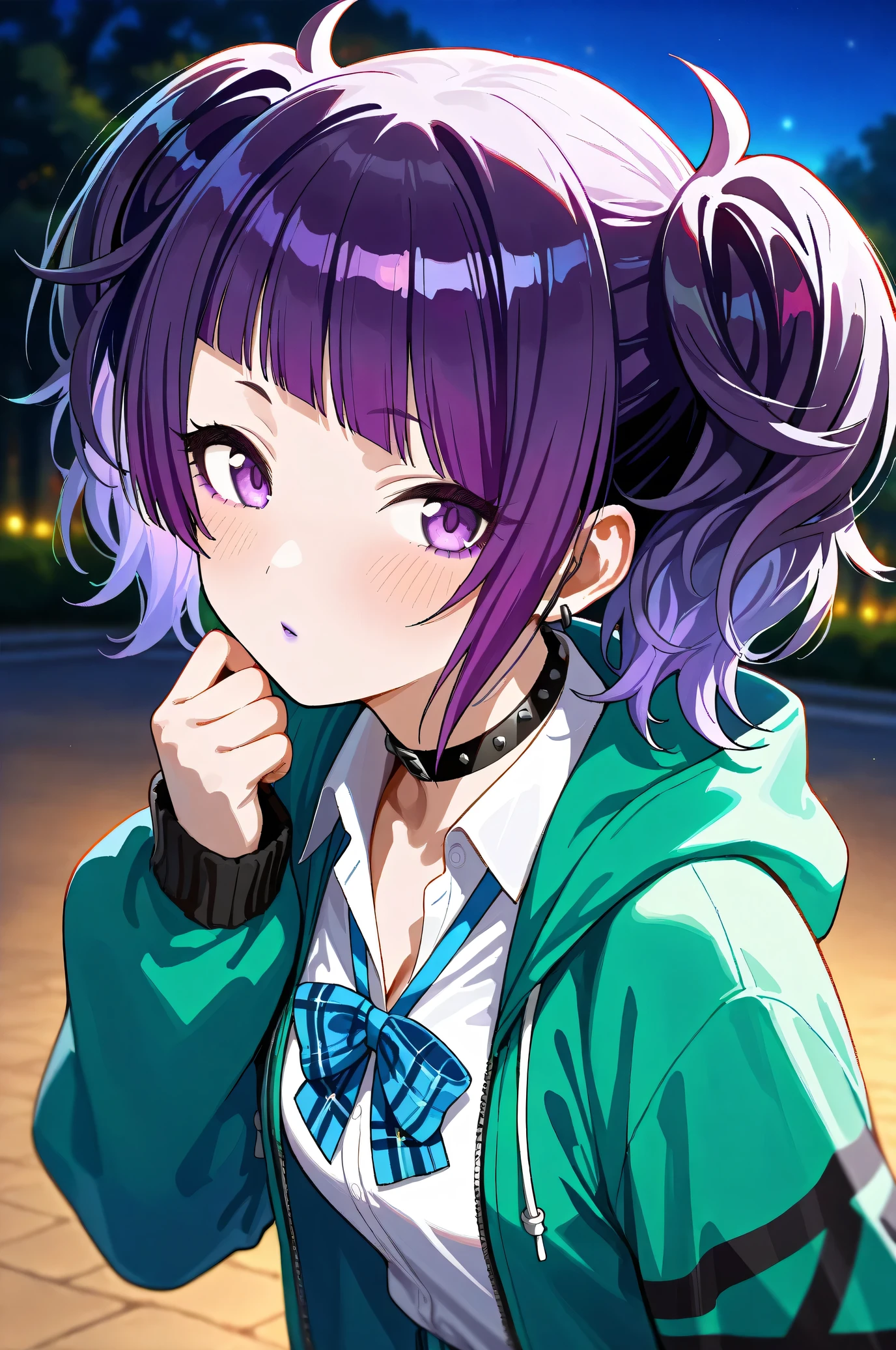 (Masterpiece:1.2), (Highest quality:1.1), (Very detailed), 
(The best shape), (Best shadow), (Absurd), 
(Detailed Background), (So beautiful), Shiny, 
Beautiful eyes in every detail, Extraordinary, Countershading, 8k, 32K, High resolution, 
Very Detailed CG, UHD,

Score_9, Score_8_up, Score_7_up, Source_anime, 
(Pastel painting:1.2), (Watercolor painting:1.2),
(Masterpiece, Detailed:1.2), (Foreshortening:1.2),

Cinematic, Dramatic, (Depth of field:1.4), 
(Blurry background:1.4), (Realistic background:1.4), 
1 girl, Solo, Dynamic angle, 
Nature, Park, Night,

Tanaka Mamimi,
the idolmaster shiny colors,
tnkmmm, purple hair, short twintails, blunt bangs, diagonal bangs, purple eyes, medium breasts, small breasts, 

(School uniform:1.3), 
Open hoodie, Green hoodie, Solid hoodie,
Collared shirt, Long sleeve shirt, White shirt, 
Indigo ribbon, Butterfly ribbon, 
Choker, Purple nail, (Purple lips:1.1),

(Blush:1.3),
Portrait, look back,
Focus on face,
Realistic skin,
Shiny skin,