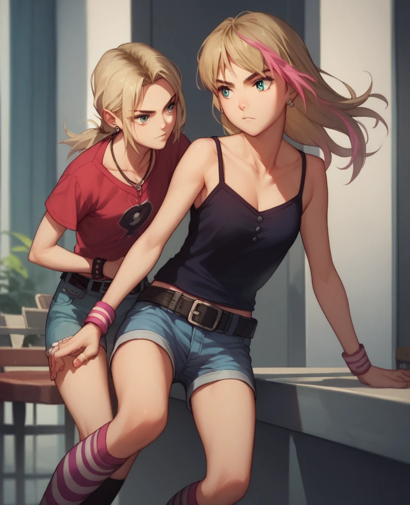 girl with blonde hair, yellow eyes, pink hair, tank top, black garters, mocking expression, furious, red lips, muscular, tank top, long hair, 