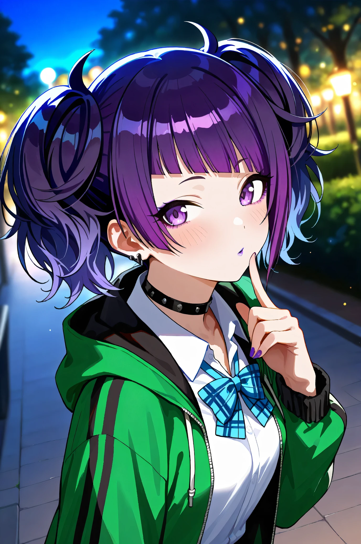 tanaka mamimi, <lora:tanaka mamimi:1>1girl, purple hair, solo, skirt, purple eyes, green jacket, jacket, twintails, pleated skirt, diagonal bangs, bangs, white background, shirt, bow, short twintails, simple background, school uniform, bowtie, white shirt, blue skirt, looking at viewer, blue bow, blush, nail polish, purple nails, long sleeves, blue bowtie, closed mouth, collared shirt