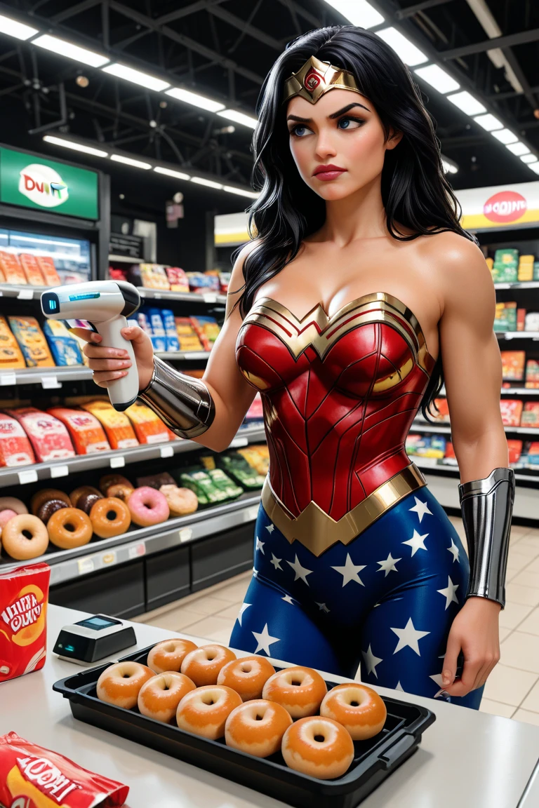 Wonder Woman holding a beer bottle, full body, (full body photo: 1.5), from behind, back view, (from behind: 1.5), masterpiece, candid photo, Wonder Woman, (delicate detail, makeup), (delicate and beautiful delicate face, delicate and beautiful delicate eyes, perfectly proportioned face), (delicate and radiant skin: 1.2), delicate skin, strong and realistic blue eyes, realistic black hair, lips, makeup, natural skin texture, tiara, jewelry, star \(symbol\), leotard, bulletproof gauntlet, Red combat boots, golden belt, (public attire: 1.5), bare shoulders, slightly sunburned, mature, sexy, elastic muscles, (muscles: 1.2), ((strong and healthy body)), (more) muscles))), long legs, curves, (big breasts: 1.2), thin waist, soft waist, (delicate skin), (beautiful and sexy woman), (swollen lips: 0.9), (eyelashes: 1.2), (skin hollow), very delicate muscles, breasts, solo, split, pretty face, perfect body, muscular, detailed face, realistic skin details, clear focus, realistic face, realistic skin, detailed eyes, detailed facial features, (in a crowded supermarket), despair, tired, open mouth, mature woman, high detail, very detailed, retro,