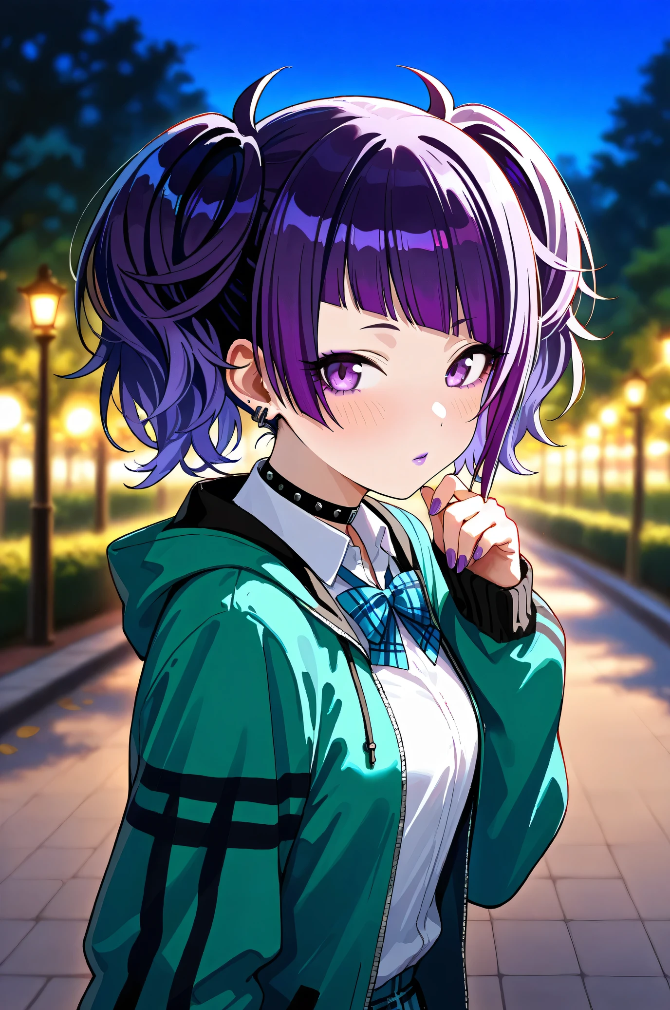 (Masterpiece:1.2), (Highest quality:1.1), (Very detailed),
(The best shape), (Best shadow), (Absurd),
(Detailed Background), (So beautiful), Shiny,
Beautiful eyes in every detail, Extraordinary, Countershading, 8k, 32K, High resolution,
Very Detailed CG, UHD,
Score_9, Score_8_up, Score_7_up, Source_anime,
(Pastel painting:1.2), (Watercolor painting:1.2),
(Masterpiece, Detailed:1.2), (Foreshortening:1.2),
Cinematic, Dramatic, (Depth of field:1.4),
(Blurry background:1.4), (Realistic background:1.4),
1 girl, Solo, Dynamic angle,
Nature, Park, Night,
Tanaka Mamimi,
the idolmaster shiny colors,
tnkmmm, purple hair, short twintails, blunt bangs, diagonal bangs, purple eyes, medium breasts, small breasts,
(School uniform:1.3),
Open hoodie, Green hoodie, Solid hoodie,
Collared shirt, Long sleeve shirt, White shirt,
Indigo ribbon, Butterfly ribbon,
Choker, Purple nail, (Purple lips:1.1),
(Blush:1.3),
Portrait, look back,
Focus on face,
Realistic skin,
Shiny skin,