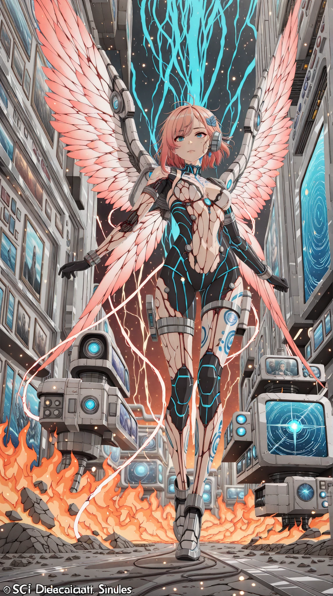 ((best quality)),( super high resolution ),(very well detailed),(Detailed Explanation),(( best CG )),(masterpiece),super detailed art,amazing painting art,(Sci-fi art with delicate details:1.5), female android without ear decoration, The face of a beautiful and well-equipped machine, Future large caliber heavy weapons, fluorescent color energy line, clear part armor, Wings of Light, Storm of Fire, light particles, dynamic pose, Dynamic Action