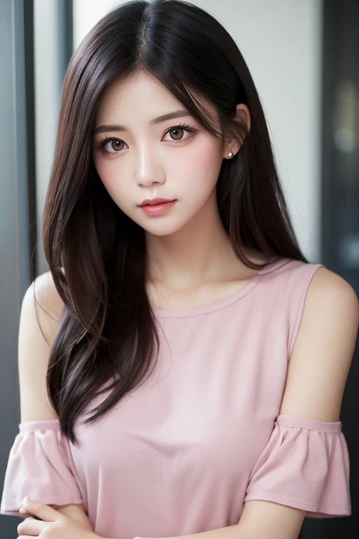 light pink knit dress,long hair