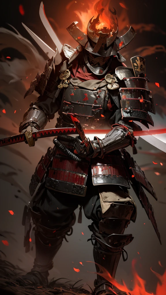 Fallen Samurai,embers,gloomy and creepy atmosphere,Red Samurai,dramatic  lighting,Cracked Red Armor, intricate details,A Lost Battle,Fading Glory,Ghostly Shadows,foggy background,Face under the mask,Majestic Helmet,A lonely figure,Rising smoke,Doomed Fate,Grim Ruins,Majestic Composition,Military Honor,desolation,Fire fighting,A sinister presence,Ash and smoke,Bloodstained Earth,worn-out armor,determination,Glyph of Courage,The End of the Samurai Era,A devastated battlefield, Standing in the middle of the battlefield [Muted color palette],[subdued tones],[Intrusive atmosphere:0.9]