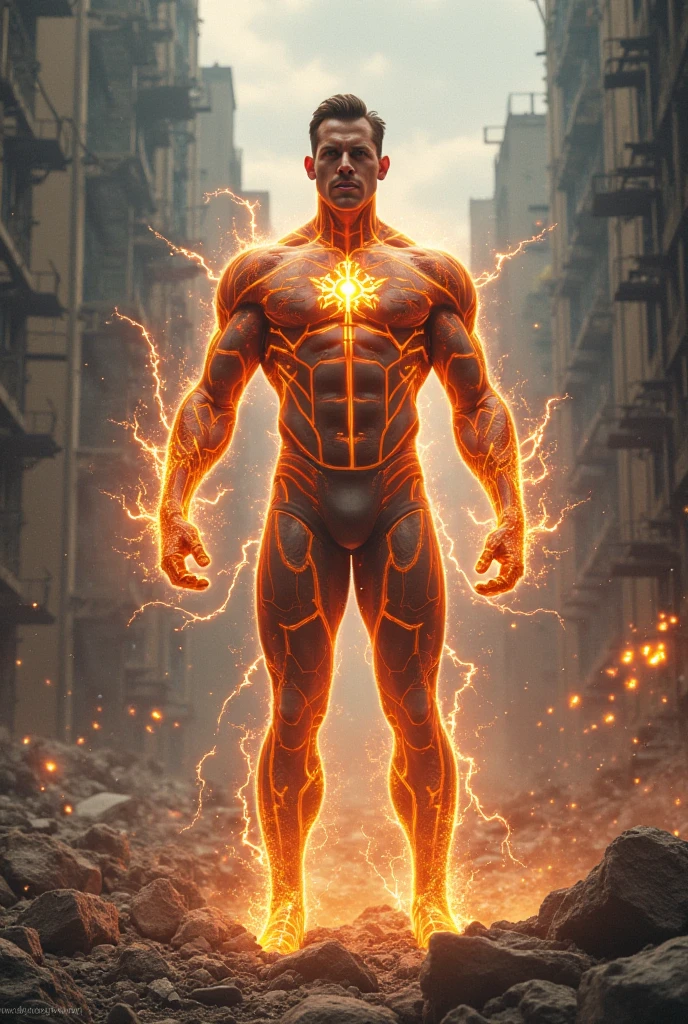  A 20 years old boy glowing eyes with cosmic power's and red and yellow thunder powers shirt less flying with iron man 
in modern city in black burning pants 
