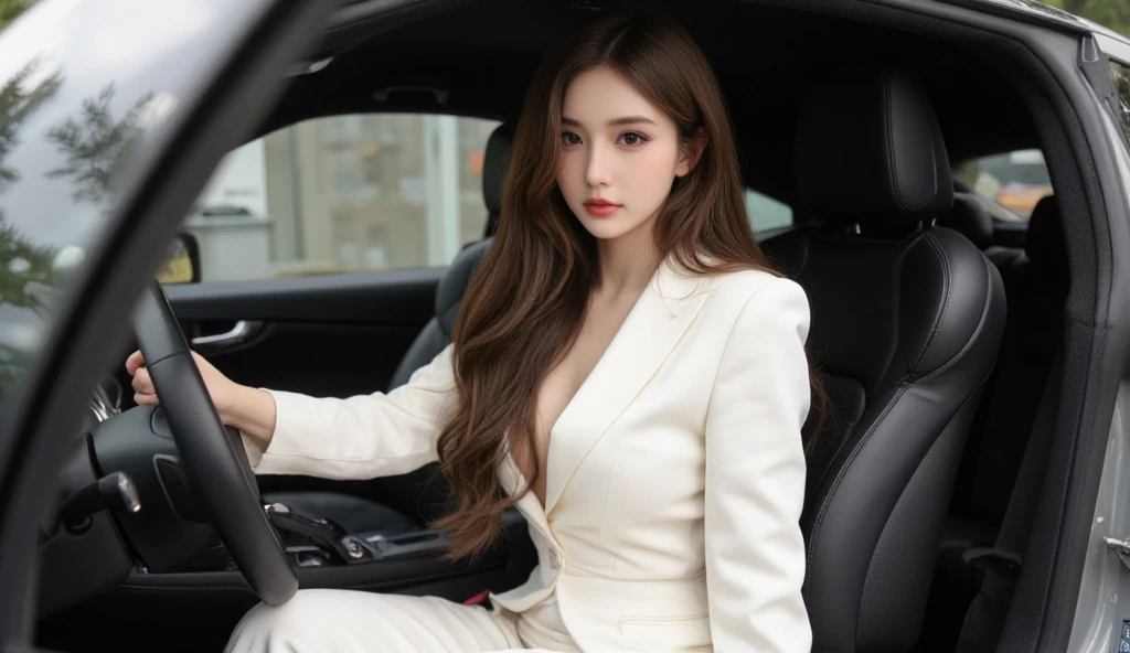 ((highest quality, 8k, masterpiece: 1.3)), concentrated: 1.2, Perfect body beauty: 1.4, Hip: 1.2, Big Breasts: 1.2, ((Delicate long hair)), (sparkling dress: 1.1) , Panty shot, White sexy panties,(sports car, street: 1.2),Dark blue suit, Highly detailed face and skin texture, Beautiful Eyes, double eyelid, White skin, smile, Wearing necklace, ring, Woman sitting in car.