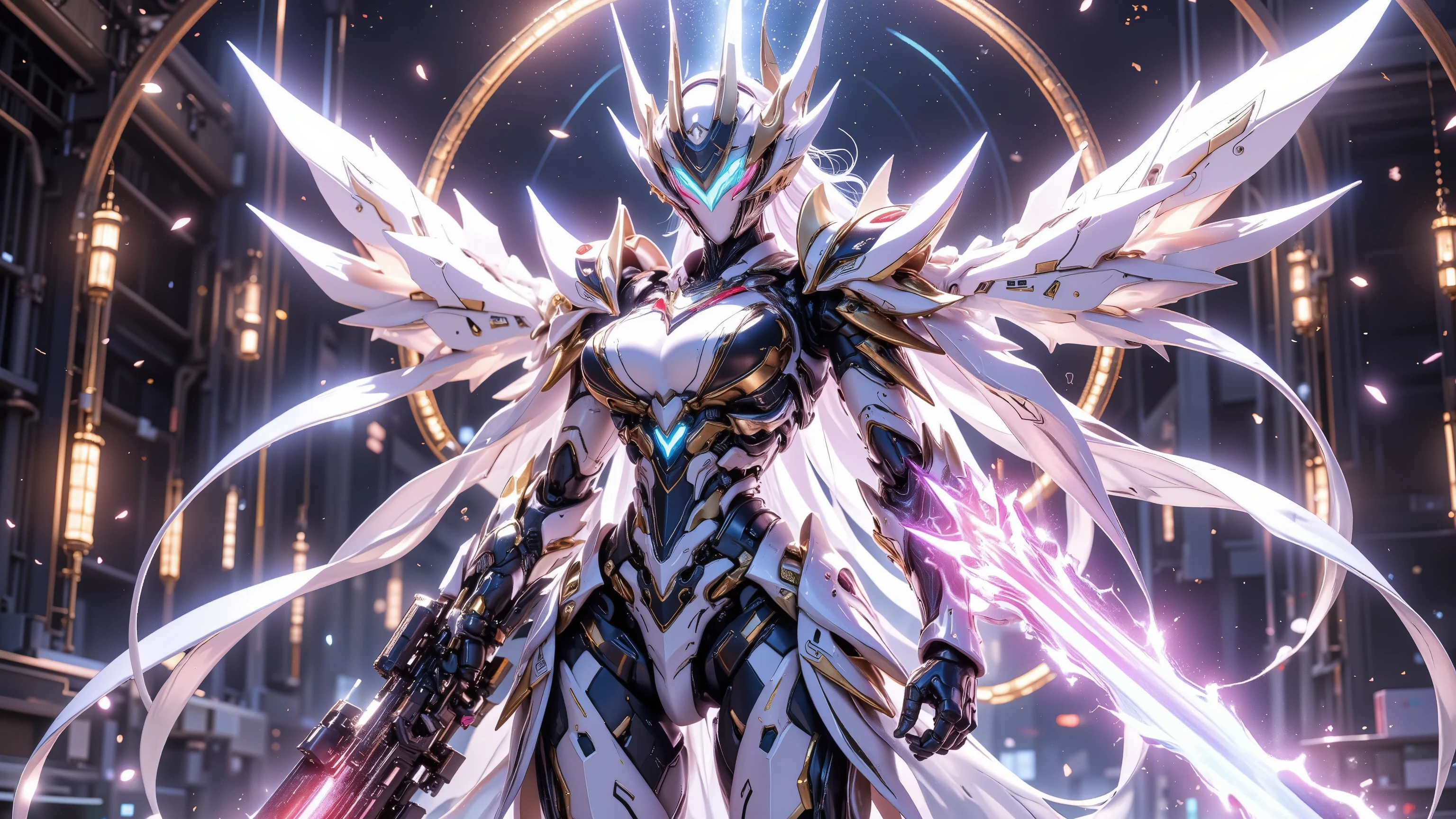 ((best quality)),( super high resolution ),(very well detailed),(Detailed Explanation),(( best CG )),(masterpiece),super detailed art,Amazing Painting Art,(Sci-fi art with delicate details:1.5), female android without ear decoration, The face of a beautiful and well-equipped machine, Future large caliber heavy weapons, fluorescent color energy line, clear part armor, Wings of Light,  Storm of Fire,   light particles,  dynamic pose,  Dynamic Action