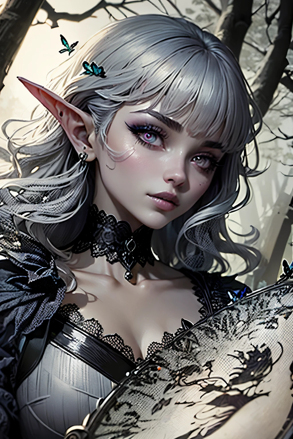 (Ultra-detailed face, Looking away, Gothic Illustration, Dark tone colors.), BREAK
(In a bright forest where the sun shines. Lunch time. Fantastic. Mysterious. Elegant.), BREAK
(A mysterious dark elf woman is pouring syrup in a small pot over pancakes on the table. A large, brightly colored, shiny blue butterfly is perched on the edge of the pancake.), BREAK
(She has gray hair, gray eyebrows, blunt bangs, shoulder-length hair, small pink lips, lavender eyes, dark gray skin, and eye makeup with a butterfly motif.), (She wears a blue gradient nightdress draped in frugal linen.)