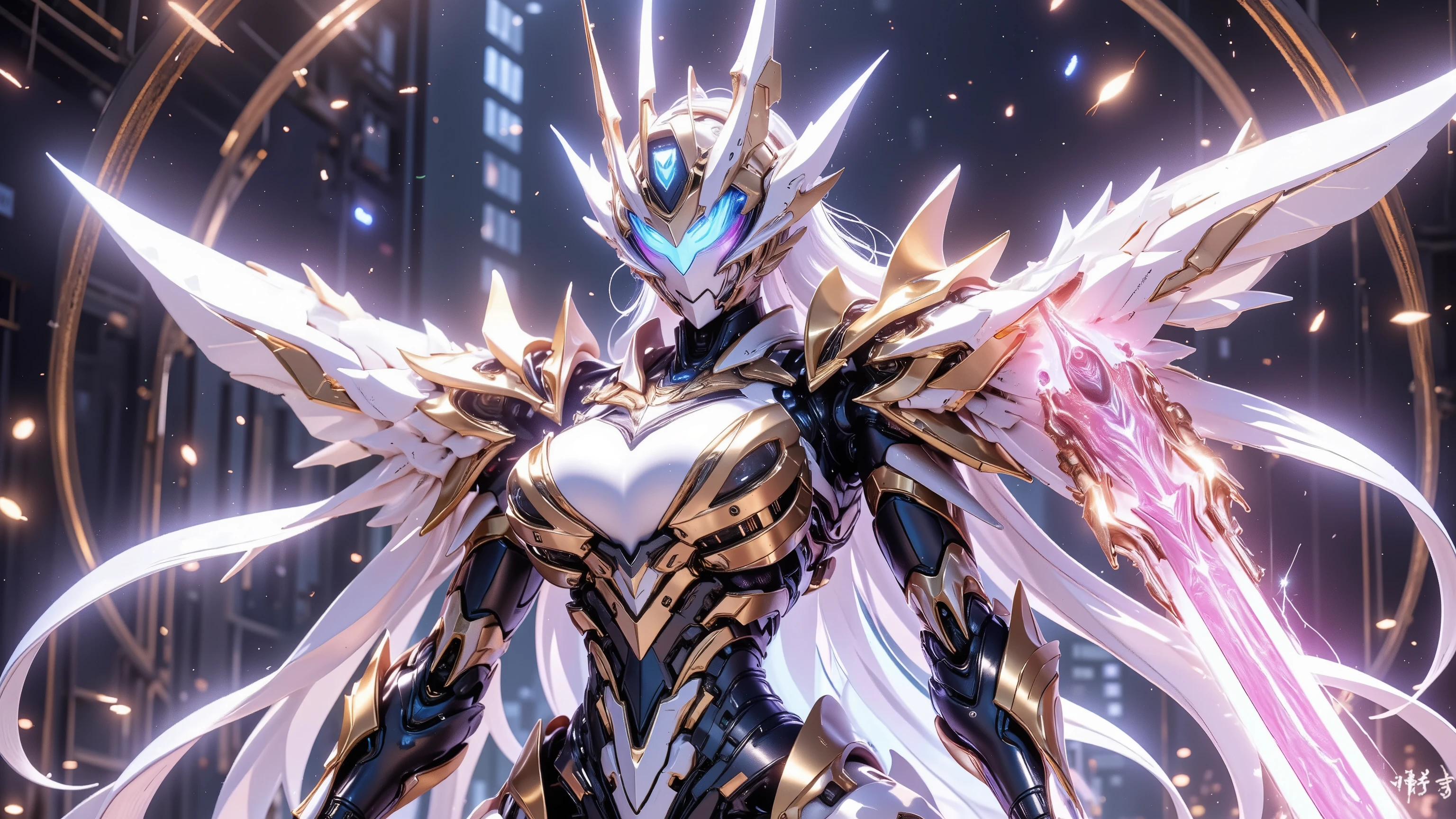 ((best quality)),( super high resolution ),(very well detailed),(Detailed Explanation),(( best CG )),(masterpiece),super detailed art,Amazing Painting Art,(Sci-fi art with delicate details:1.5), female android without ear decoration, The face of a beautiful and well-equipped machine, Future large caliber heavy weapons, fluorescent color energy line, clear part armor, Wings of Light, Storm of Fire, light particles, dynamic pose, Dynamic Action
