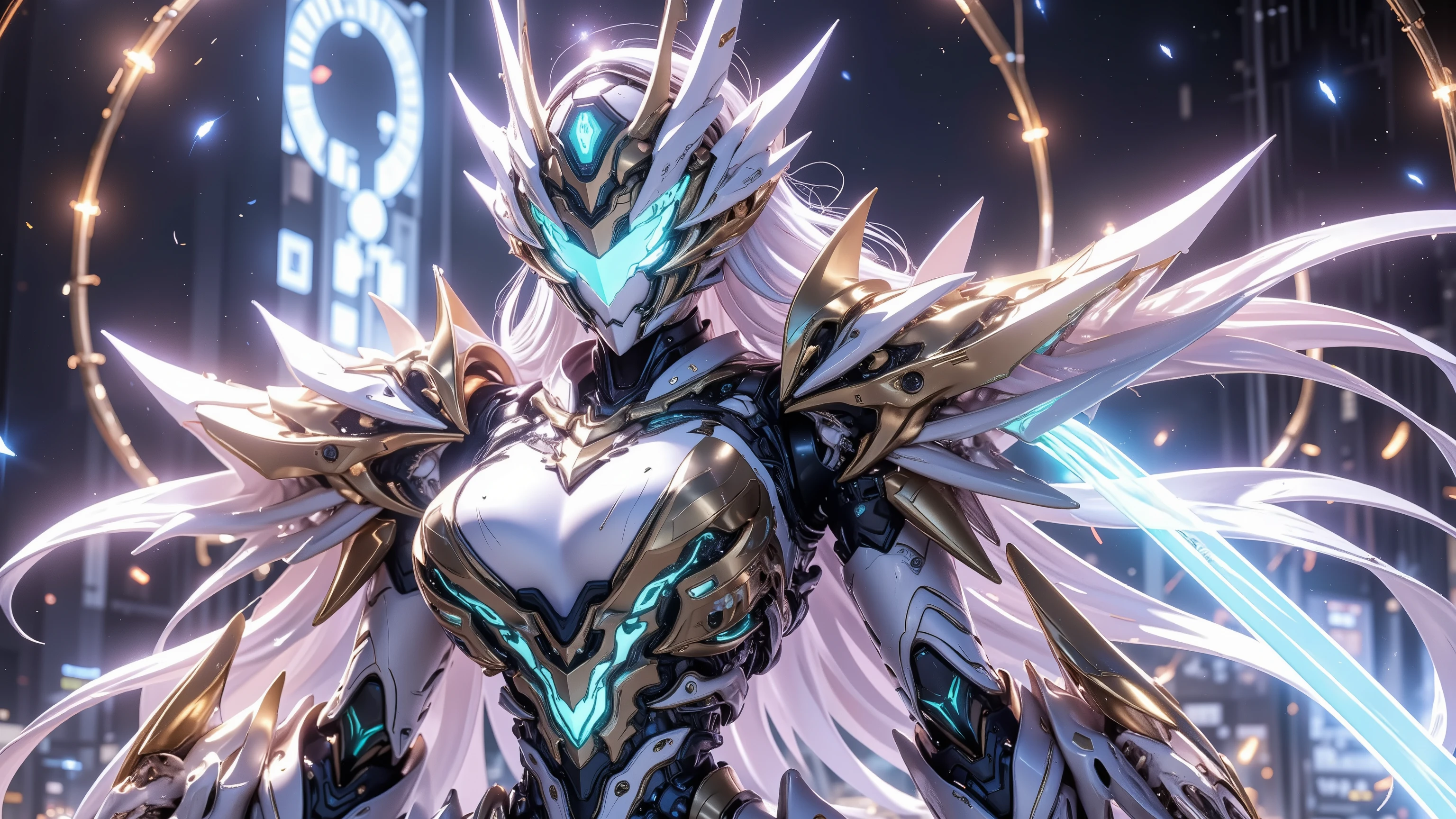 ((best quality)),( super high resolution ),(very well detailed),(Detailed Explanation),(( best CG )),(masterpiece),super detailed art,amazing painting art,(Sci-fi art with delicate details:1.5), female android without ear decoration, The face of a beautiful and well-equipped machine, Future large caliber heavy weapons, fluorescent color energy line, clear part armor, Wings of Light, Storm of Fire, light particles, dynamic pose, Dynamic Action