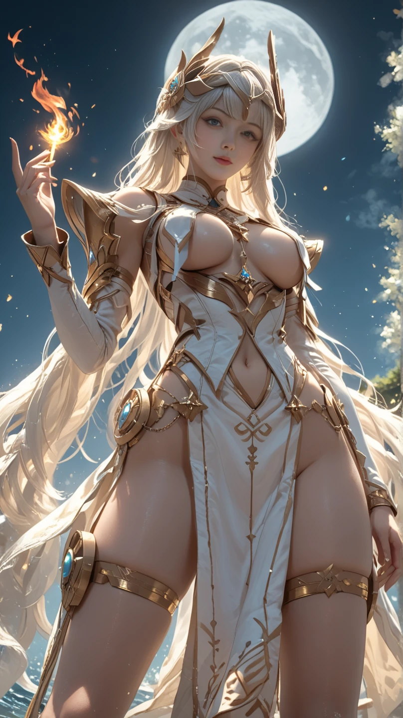 8K, Top Quality, Intricate Details, Ultra Detail, Ultra High Resolution, Masterpiece, random angle, Slender, Smile, (Makeup: 0.4), (Fluffy Blue Eyes: 1.21), blue Eyes, looking at viewer, ((full body)), 1girl, solo, 1 girl, (( full body)), close up shot, standing, , ((tall)), (((fit body))), (((slim face))), sharp face, sharp eyes, (((golden hair, long hair, )) , (detailed face), sharp face, small lips, (( )), ((bone piece suit)), detailed face, detailed breast, , large breast, detail ass, , Beautiful girl with accentuated slender abs: 1.4, Six Pack Abs: 1.4, Bust Botox, Big, Perfect Body, detail leg, (( moonlight)), in the snow