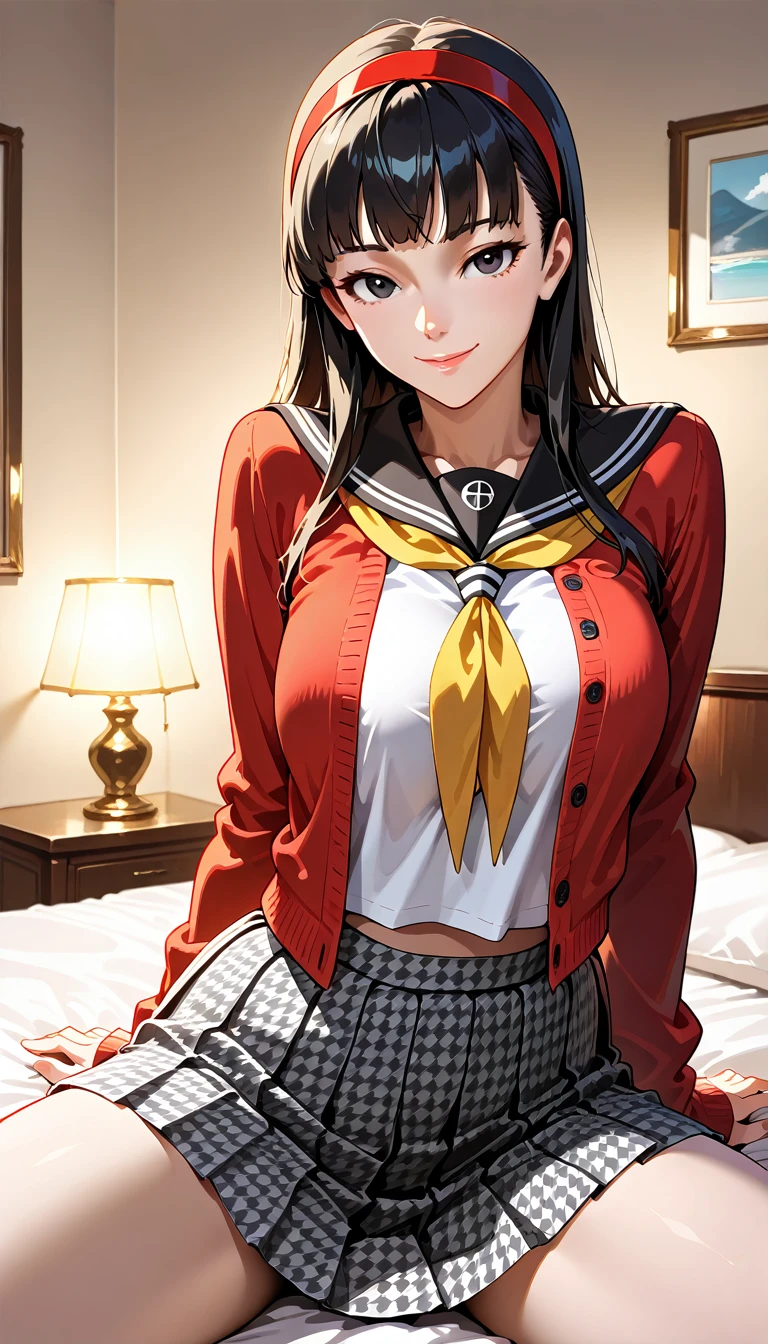 Official art,(masutepiece:1.5),(very precise details,Ultra High Resolution:1.5),(Highly detailed CG Unity 8K:1.5),(View from below:1.3),(A slender:1.4),Arch the back,(Hands behind the head:1.4),Perfect litthing,colourfull,(Bright Front face Illuminating:1.3),(Perfect female body:1.4),Long hair,Long straight hair,(Tsuriformes:1.4),(sharpnes:1.4),(Curve,Model,glamor:1.4),(Realistic, hyper realisitic:1.4),(beautiful hands of a woman:1.4),parted_Lips,(Bedroom,on the beds:1.3),Sitting on the edge of the bed,25-years old,A dark-haired,(Blunt bangs:1.4),(red hairband:1.4),long skirt,(Black checked skirt:1.5),(Black pantyhose:1.4),(Seductive smile:1.4),a hyperrealistic schoolgirl,(Large breasts:1.2),(G-cup Bust),(Sailor collar:1.4),(Yellow neck scarf:1.4),(School uniform:1.4),(Black Blazer:1.5),(Red fishnet cardigan:1.4),(Garment button fastening,The button is located at the top:1.5),Black eye,Shiny hair,Seductive anime girl in uniform,Smooth Anime CG Art, beautiful anime high school girl, anime moe art style, Beautiful anime girl, charming anime girls, marin kitagawa fanart,Yukiko Amagi, Cute anime girl, Anime Girl,(Beautifully dressed clothes:1.4),No cleavage,(spreading the legs a little:1.4),
