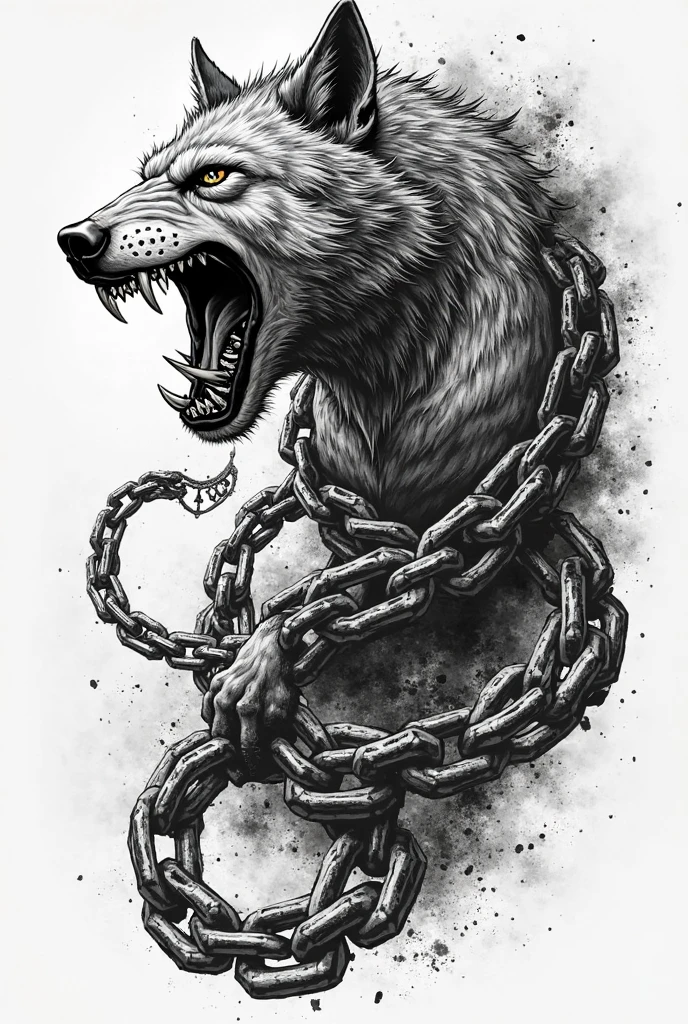 Logo of a hell wolf with chains tied to its mouth and a pentagram behind it
