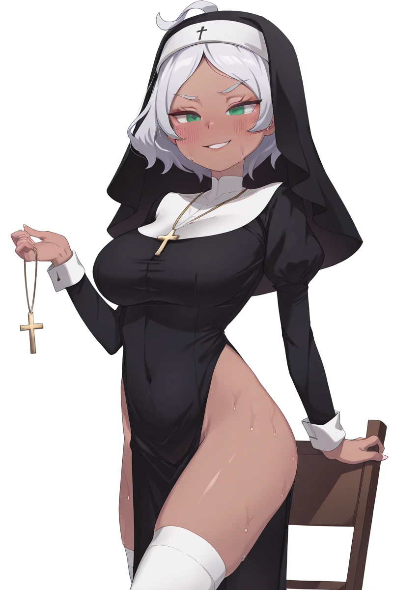 (1girl: 1.5), ((solo)), (dark skinned:1.8), goblin girl, blue_hair, very long hair, wide body, (small stature:1.6), (huge breast:1.6), hair between eyes, wide hips, blue eyes, mole, mole on chest, age up, lips, big lips, big noise, thick eyebrows, (chubby:1.6), smile, freckles, (nun: 1.8), (sexy random poses: 1.8), church, black clothes