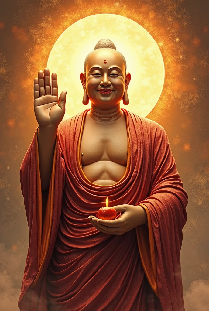 Innocent happy rich saint buddha giving money royal background and giving his wealth to me blessings and he also giving me cloths flowers and women and gold