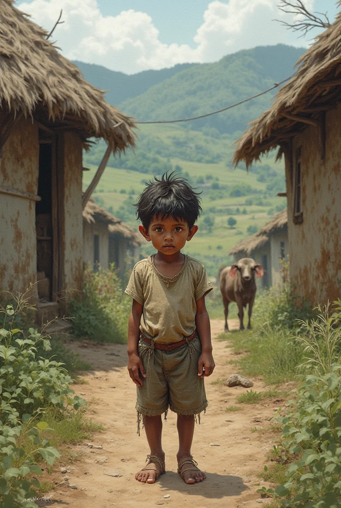 "A highly detailed 3D-rendered digital image. It is nighttime with heavy rain pouring outside. A young boy named 'Nut', about , sits inside a small, fragile shack made of wood and rusted tin sheets. The tin-roof shack looks like it's swaying in the wind. Nut is wearing the same loose, slightly oversized shirt as before. He sits quietly with a calm but thoughtful expression. Beside him, his loyal black dog 'Dum' is curled up, sleeping closely next to him for warmth. The atmosphere is dimly lit, with a few raindrops leaking through the gaps in the roof, casting reflections in small puddles on the floor. The mood is somber, emotional, and intimate. Highest resolution, 3D style."