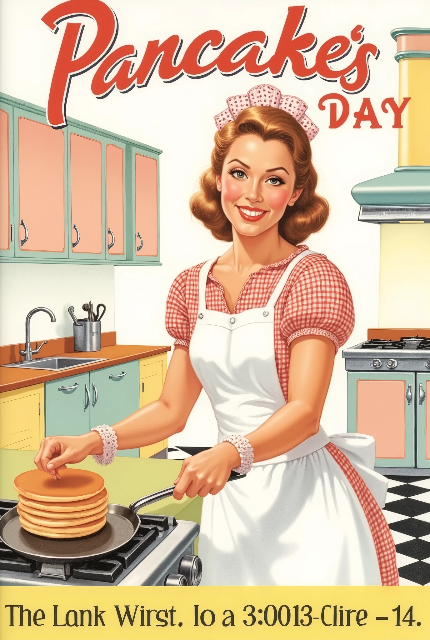 {{A ((charming and nostalgic)) depiction of {a 1950s-style Pancake Day advertisement featuring a cheerful housewife flipping pancakes in a bright, retro kitchen}}} with {a bold, stylized typeface reading "Delicious Pancake Day – Start Your Morning Right!"}. This is a {((mid-century vintage advertisement))}-inspired image that showcases {the classic, wholesome aesthetic of old-school breakfast marketing}. The environment/background should be {((a perfectly styled 1950s kitchen with pastel-colored cabinets, checkered floor, and chrome appliances))} to create an {((authentic and nostalgic mood))}. The image should be in the style of a {((hand-painted vintage illustration, reminiscent of Norman Rockwell and classic diner advertisements))}, incorporating elements of {((bold, flat colors and subtle halftone textures))}. The {((medium shot))}, captured with a {((35mm lens))}, will provide a {((slightly exaggerated, lively perspective))}. The lighting should be {((warm and diffused, mimicking vintage print ads))}, emphasizing {((soft highlights on the pancakes and a golden glow on the subject's face))}. The desired level of detail is {((stylized yet clean and polished))} with a {((high-resolution print quality))}, highlighting {((classic mid-century design elements, bright colors, and dynamic typography))}. The goal is to create a {((timeless and nostalgic image))} that captivates viewers with its {((retro charm and inviting appeal))}.