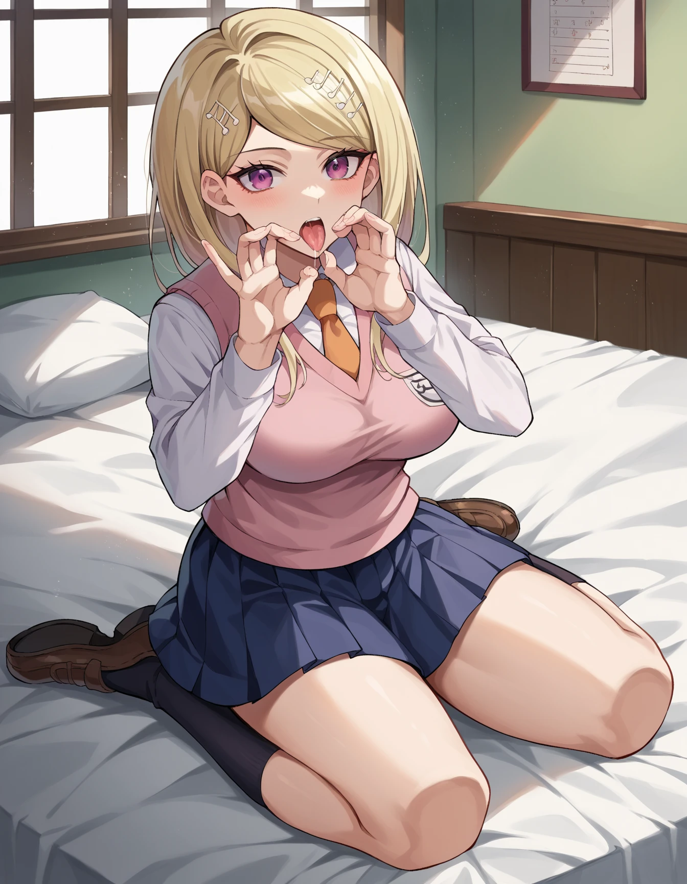 Anime style, school girl, spreading her pussy, female school uniform, flat breasts, short skirt, blonde wavy hair, sitting on couch, legs lifted and widely spread, spreading her pussy, spreading pussy lips with fingers, to show the interior of her pussy, with abundant cum, naughty seductive expression with a smile, right hand spreading pussy, left hand grabbing his chest, high quality, detailed, elegant, sensual, chiaroscuro lighting, warm tones, anime