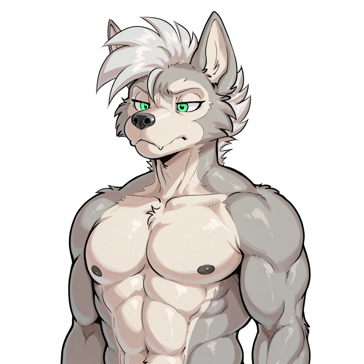 Male, Arctic wolf, detailed yellow eyes, long tail, big nipples, slim, sly, simple background,, smirk, bulge, glasses, tail wrapping around body