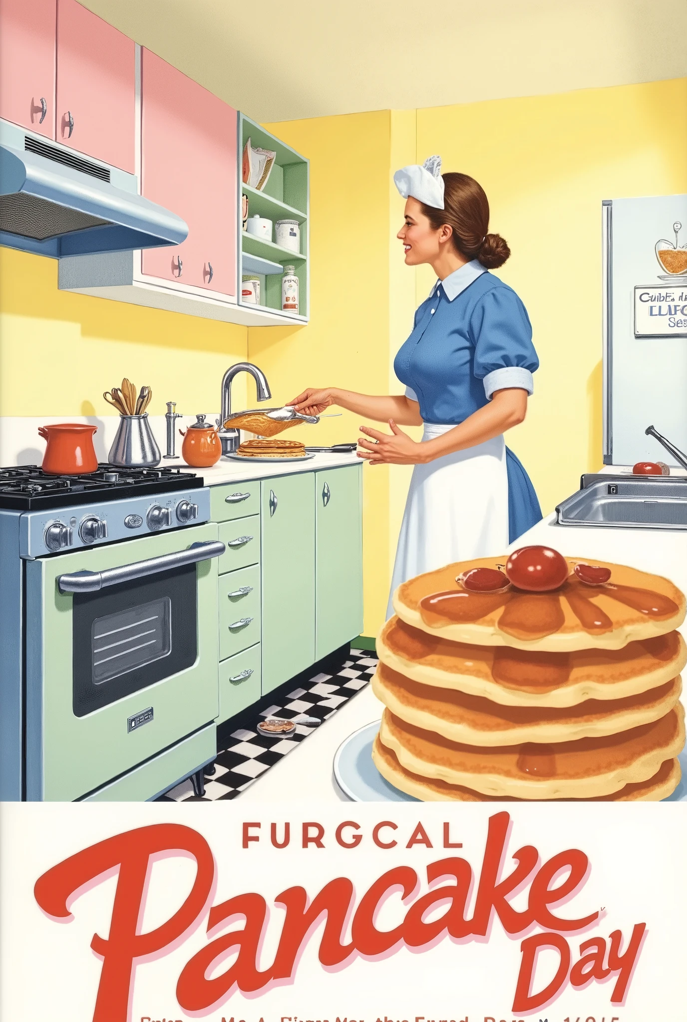{{A ((charming and nostalgic)) depiction of {a 1950s-style Pancake Day advertisement featuring a cheerful housewife flipping pancakes in a bright, retro kitchen}}} with {a bold, stylized typeface reading "Delicious Pancake Day – Start Your Morning Right!"}. This is a {((mid-century vintage advertisement))}-inspired image that showcases {the classic, wholesome aesthetic of old-school breakfast marketing}. The environment/background should be {((a perfectly styled 1950s kitchen with pastel-colored cabinets, checkered floor, and chrome appliances))} to create an {((authentic and nostalgic mood))}. The image should be in the style of a {((hand-painted vintage illustration, reminiscent of Norman Rockwell and classic diner advertisements))}, incorporating elements of {((bold, flat colors and subtle halftone textures))}. The {((medium shot))}, captured with a {((35mm lens))}, will provide a {((slightly exaggerated, lively perspective))}. The lighting should be {((warm and diffused, mimicking vintage print ads))}, emphasizing {((soft highlights on the pancakes and a golden glow on the subject's face))}. The desired level of detail is {((stylized yet clean and polished))} with a {((high-resolution print quality))}, highlighting {((classic mid-century design elements, bright colors, and dynamic typography))}. The goal is to create a {((timeless and nostalgic image))} that captivates viewers with its {((retro charm and inviting appeal))}.