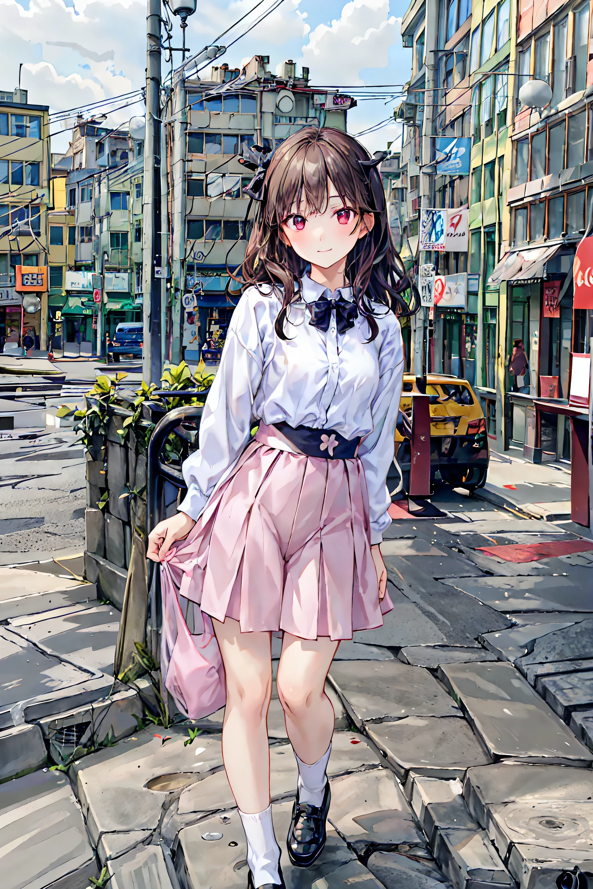 1 girl, alone, looking at the viewer, blush, bangs, skirt, black hair, long hair ornament, long sleeve, have, brown eyes, closed mouth, Are standing, white shirt, flower, pleated skirt, outdoor, null, Day, hair clip, collared shirt, cloud, hair flower, black skirt, bag, vest, wood, blue null, flowerびら, black hat, beret, Backpack, cherry blossoms, ground vehicle, pink flower, retention strap, train, train station, Railway tracks、Uekara