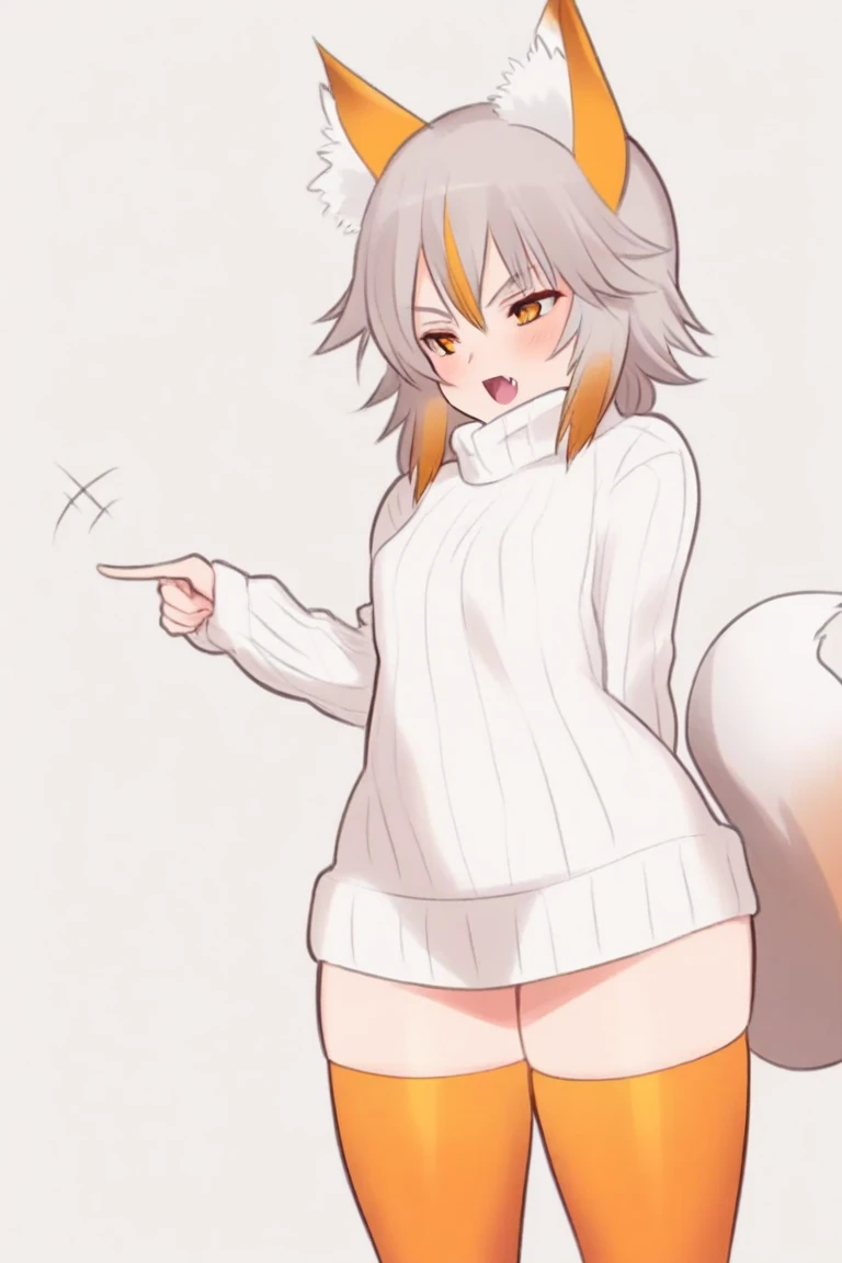 (a young black female wolf furry), black fur, short muzzle, cat-like face, white pattern between the eyebrows, white patterns from muzzle to between the eyebrows, white patterns on belly, white patterns on hand and legs, long white hair, straight bangs, brown eyes, kemomo, big tummy, young, chibi, little, cute background, fang, small mouth opened, glaceon poncho, grabbing poncho