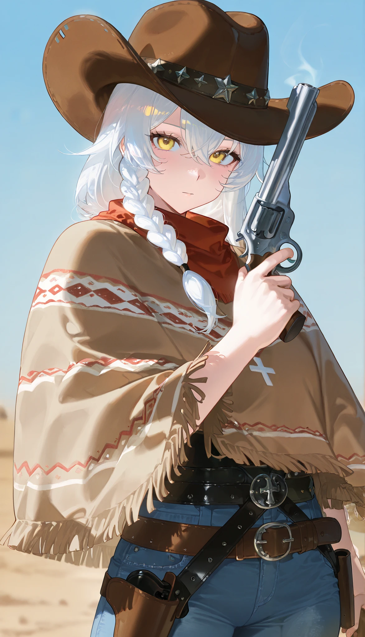 1 girl , solo , poncho , cowboy hat , voluptuous , holding revolver pistol , gun belts , chap ,cross_hairs ,braided long hair , white hair , looking at viewer ,bullseye ,