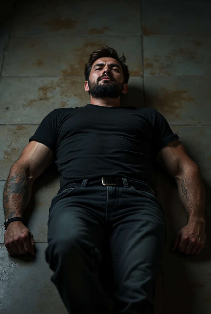 A soldier who is panting (very muscly) and showing chest and abdomen and with injuries sitting on a bed 