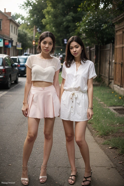 Thai students wearing short skirts above the knee and white tight-fitting shirts look sexy. They are walking on the street. It is a beautiful, sharp, professional photo.