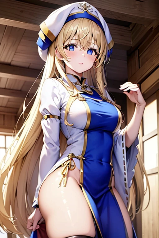 highest quality、realistic touch,high detail、photo realistic、long torso、thin waist、captured beauty、Big eyes、しっかりとしたplatinum blondeのまつげ、platinum blonde、Full body Esbian、sparkling eyes、obedient smile、My cheeks turned red、Kamimei、thin waist、plump thighs、Enchanted expression、raked bangs、forehead is protruding、tight cheongsam dress、No sleeve、inside the room、She doesn't wear panties、large slit in clothing、、Fold your hands behind your head,、Squat with your legs wide open.