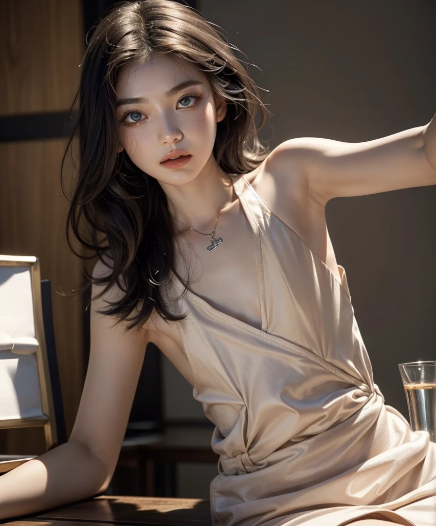 RAW, Masterpiece, Ultra Fine Photo,, Best Quality, Ultra High Resolution, Photorealistic, Sunlight, Full Body Portrait, Stunningly Beautiful,, Dynamic Poses, Delicate Face, Vibrant Eyes, (Side View) , she wears futuristic Batman costume, skinny leather, turtleneck top, off shoulders, sitting on a leather sofa, very detailed background, detailed face, detailed tidy background, gorgeous, Milky white, high detailed skin, realistic skin detail, visible pores, sharp focus, volumetric fog, 8k uhd, dslr, high quality, film grain, fair skin, photorealism, lomography, in a future utopia metropolis, seen from below, transparent inlays in dress, short dress, huge room:1.3