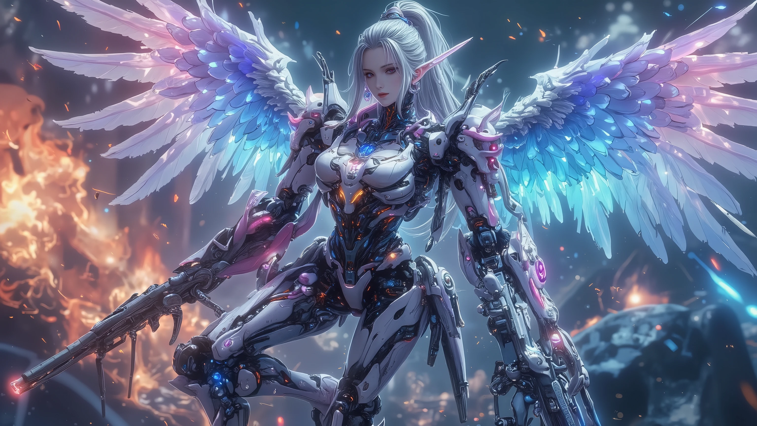 ((best quality)),( super high resolution ),(very well detailed),(Detailed Explanation),(( best CG )),(masterpiece),super detailed art,Amazing Painting Art,(Sci-fi art with delicate details:1.5), female android without ear decoration, The face of a beautiful and well-equipped machine, Future large caliber heavy weapons, fluorescent color energy line, clear part armor, Wings of Light, Storm of Fire, light particles, dynamic pose, Dynamic Action
