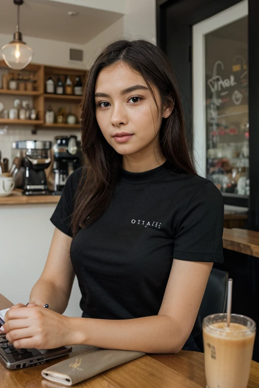 1 girl, long hair, Black T-shirt , Jeans, coffee shop background , Shot with Canon EOS 5D, best quality, Ultra high resolution , Masterpiece, White skin in real life , beautiful eyes, Beautiful fingers, and detailed Thai faces,