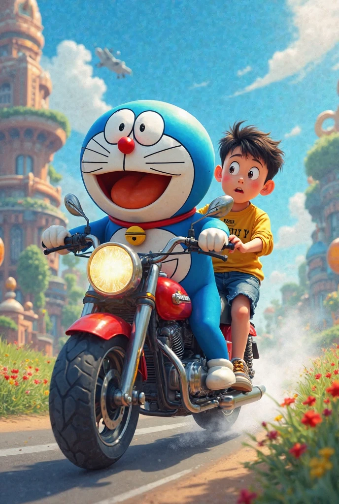 A child, riding a tiger, laughing happily, flying in the clouds, balloons, blue sky and white clouds, looking at the camera