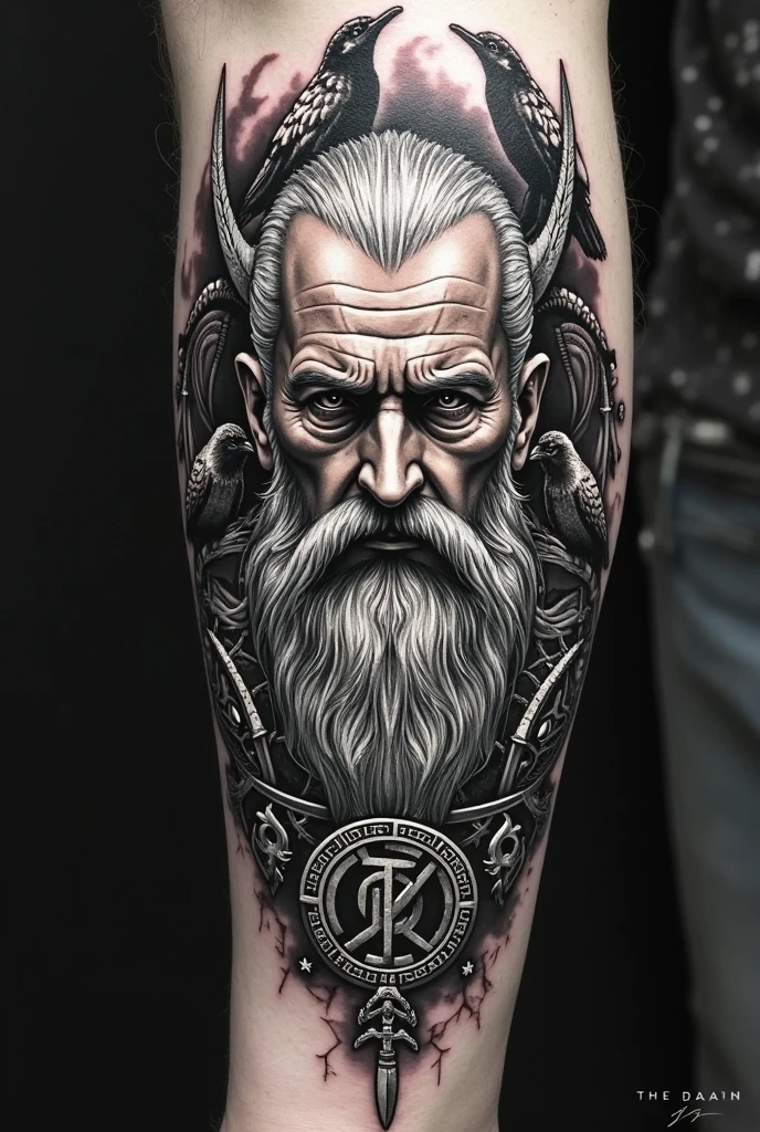 Create a tattoo covering the entire thigh with Odin's face in the middle in a realistic style in black and gray, with an eagle above Odin's head and the stag below.