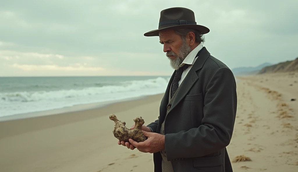 1900s man looking at the bone of a human holding in his hands - SeaArt AI
