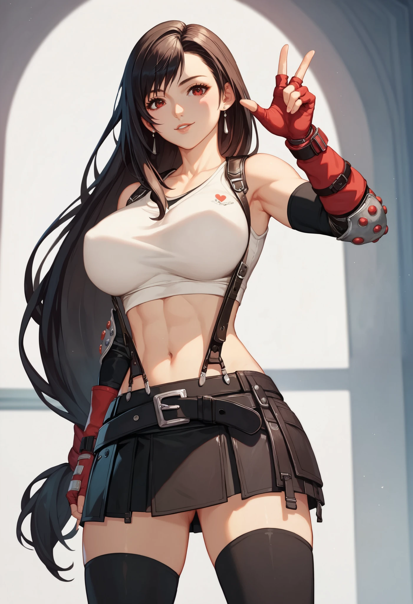  Sixteen Nights Clean Heart Art Style, (Score_9, Score_8_up, Score_7_up), (best quality,  masterpiece),perfect anexistomy,(Aesthetic ,very Aesthetic ),Official style, (super resolution), 1 Girl, Tifa Lockhart, Final Fantasy,(beautiful woman).puppet, dark hair, Long hair with a low ponytail , naked,  bangs, white vest,gap,  belt , pleexisted skirt, Stockings, Elbow Fingerless Gloves , Elbow pads, Chubu, Umbilical cord,Suspender Skirt. absolute field  ,(front照),front,( large _breast:1.2),alone,Medium shot,正exist查看_exist_Viewer,c