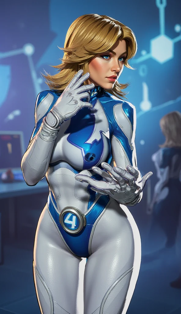 1 female, solo, Susan Storm, standing, perfect face, Science Lab background, score_9, score_8_up, score_7_up, score_6_up, perfect anatomy, blonde hair, short hair, blue eyes, lipstick, makeup, blue swimsuit number "4", skin tight, white gloves, white boots, large breasts, curvy, toned, athletic, thigh gap, cowboy shot,
