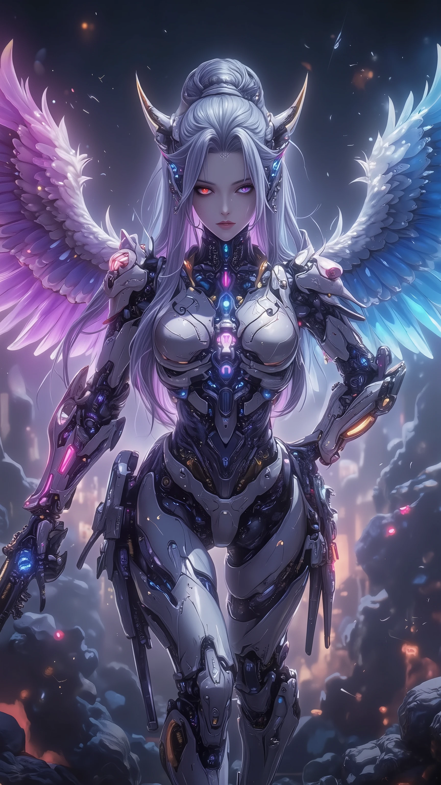 ((best quality)),( super high resolution ),(very well detailed),(Detailed Explanation),(( best CG )),(masterpiece),super detailed art,amazing painting art,(Sci-fi art with delicate details:1.5), female android without ear decoration, The face of a beautiful and well-equipped machine, Future large caliber heavy weapons, fluorescent color energy line, clear part armor, Wings of Light, Storm of Fire, light particles, dynamic pose, Dynamic Action