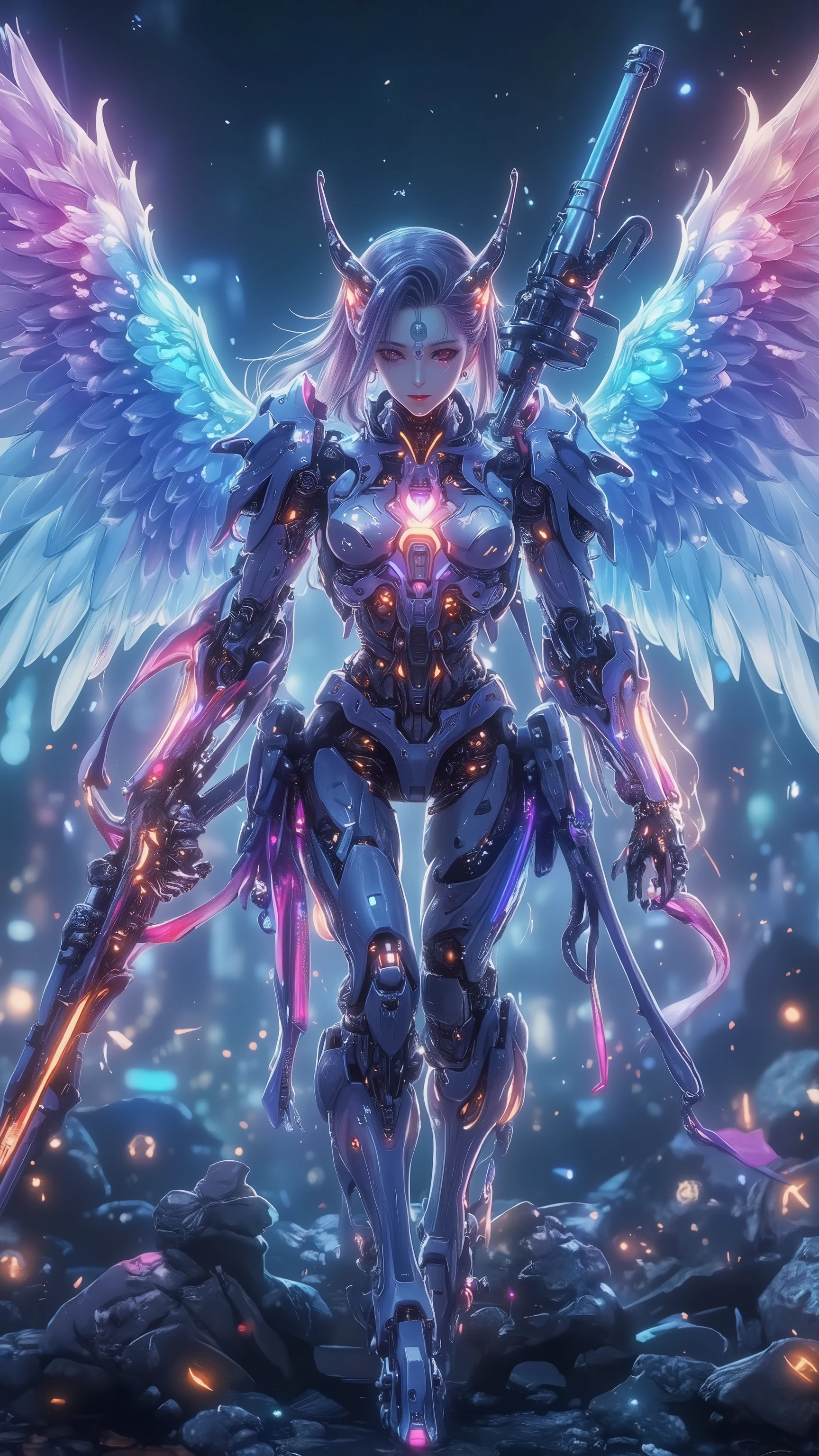 A woman with wings and a sword standing in a field - SeaArt AI