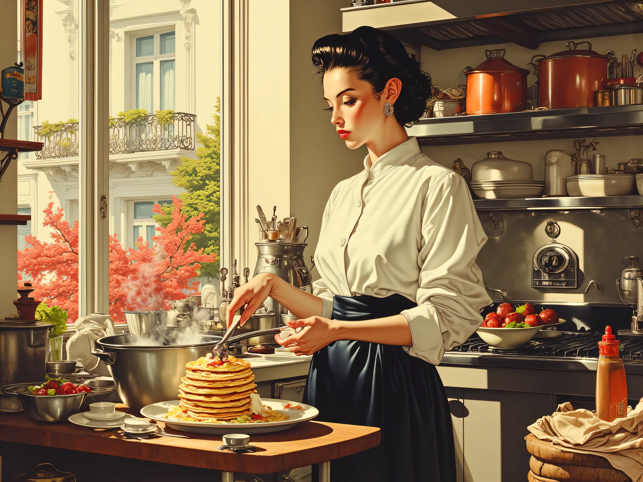 Watercolor and ink art style,  hyperdetailed realism,
A beautiful woman is cooking pancakes in a professional kitchen.
The woman has an impeccable and neat look, sophisticated updo that accentuates her elegant features, soft and comforting expression. She wears a black leather skirt, and white chef's blouse with rolled up sleeves.
She is standing in front of the pan with a spatula in her hand. 
The setting is beautiful professional kitchen, with a  vintage look to it. Professional oven, kitchen furniture, sink, multiple copper saucepan to the wall, recipients, fresh restaurant ingredients (fruts an vegetables).
In the center of the illustration is a small plate of pancakes, 5 layers of fluffy pancakes, various toppings like chocolate sauce, whipped cream, fruits. Still hot, with a slight steam coming out of them, they look delicious.
Large window with view on a Parisian street (Paris 1950s).
Lots of details to the composition, all the elements bringing contrast and complexity to the illustration. The picture vibrates a cozy and comforting feel.
Golden hour lighting.
Best quality, ultra-detailed, masterpiece.