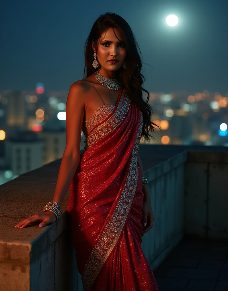 A young Turkish girl at Miami ,retro vibes along with a Ferrari testarossa , enjoying nightscape , near palm trees , wearing khadi brand black saree , Mehwish Hayat