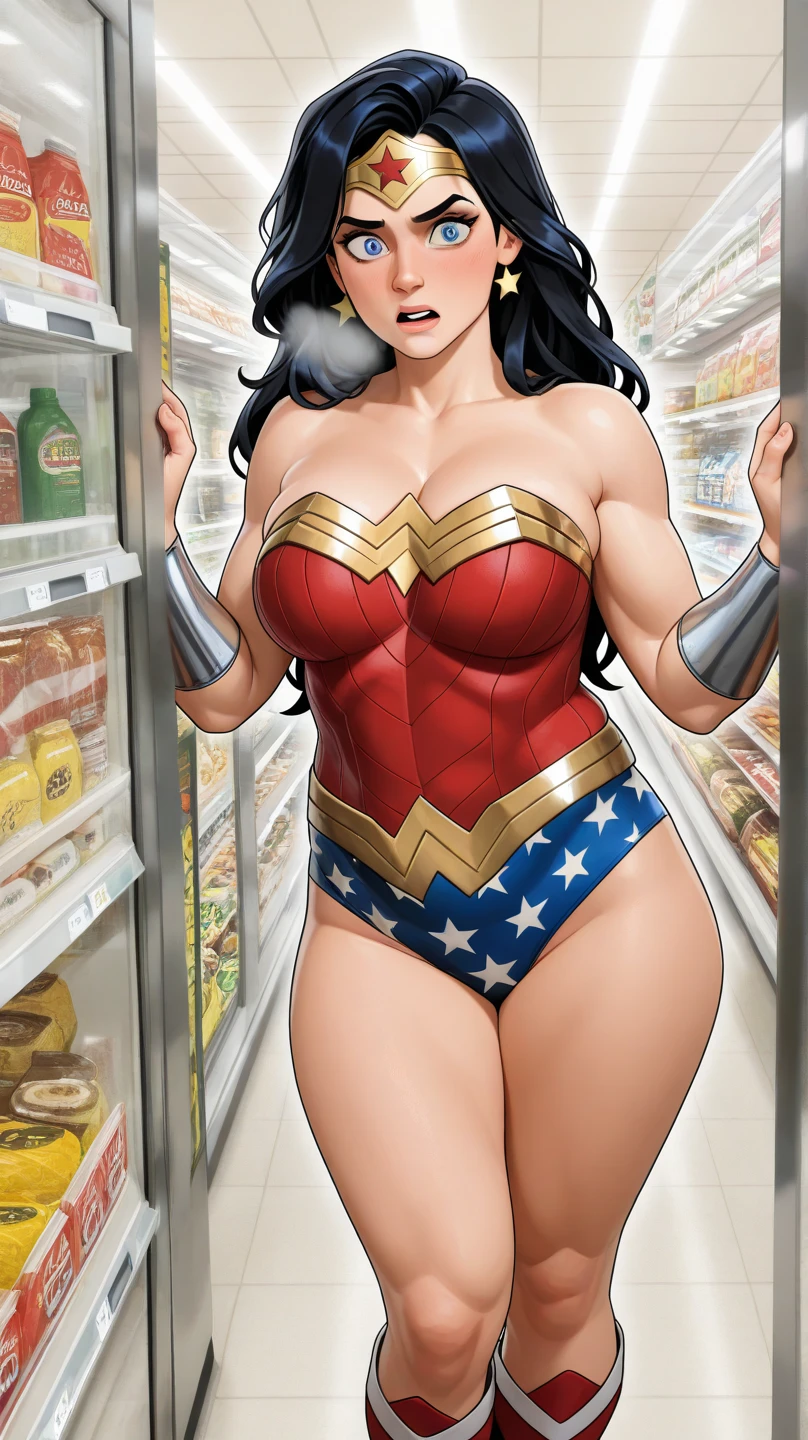 Wonder Woman, 1 girl, ((barnet))), long black hair, torn uniform, confused face, thick thighs, huge ass, huge natural breasts, cleavage, mature mother, huge muscleoysenberry eyes, Curvaceous physique, 
in a boy's room