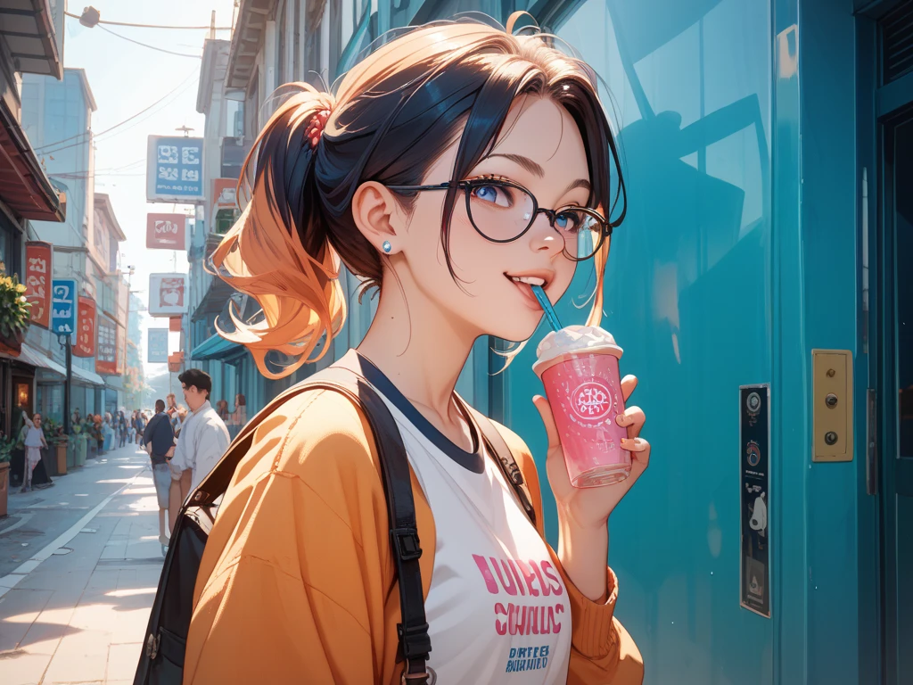 Cute young straight brown haired girl with mint green eyes and round black glasses