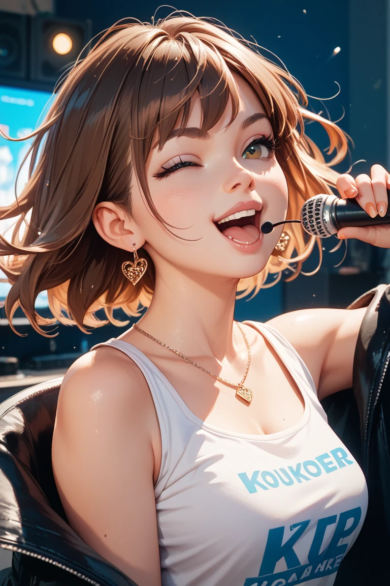 one asian girl, ada wong, solo, abs, slender body, (upper body, bust:1.2), black eyes, black hair, (red clothes, tiny breasts, small breasts, male chest, cleavage, exposed breasts, deep cleavage, neeples slip:1.5), bare shoulders, masterpiece, highly detailed, look at viewer, shiny blured orange background, gradient sprayed background, front view, gradient red purple background, blured background, glowing edges of image, licking microphone