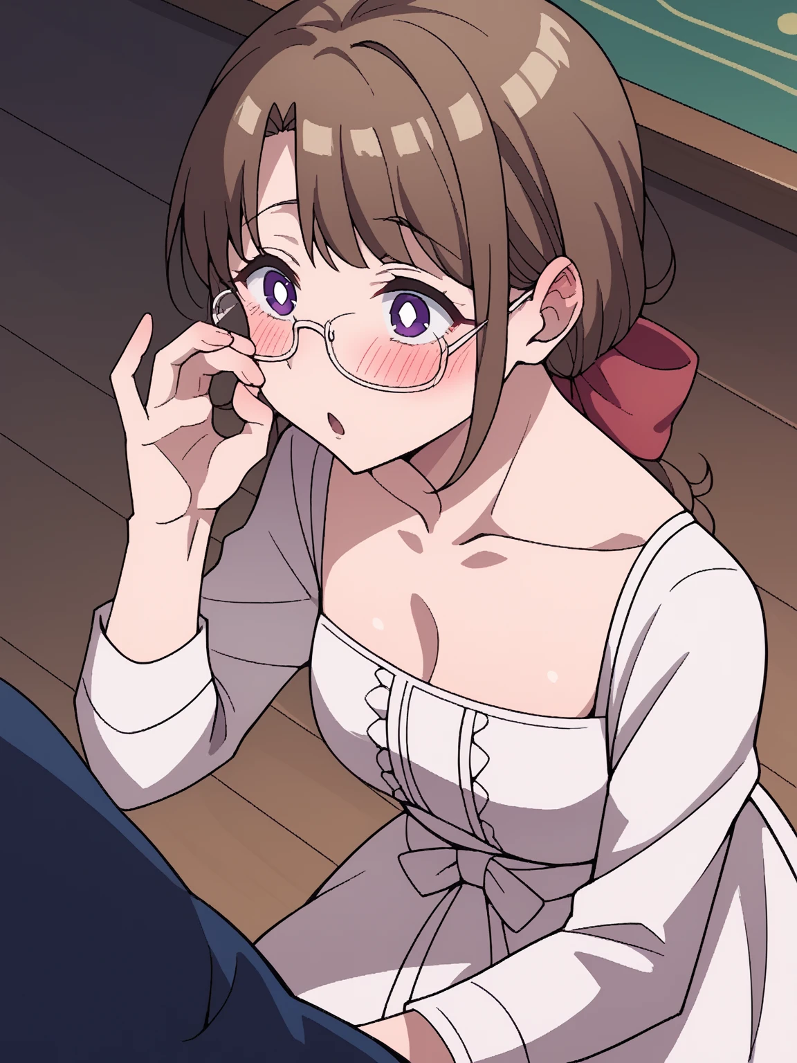 (Night:1.7), Modern apartment, high rise, CityView, Before Window,
Standing at attention,Hands Down,
Green shirt,long sleeves, cleavage, collarbone,
Glasses,brown hair,purple eyes,braid,single braid,yellow hair ornament,
1 girl, 20yo,Young female,Beautiful Finger,Beautiful long legs,Beautiful body,
Beautiful Nose,Beautiful character design, perfect eyes, perfect face,expressive eyes,
looking at viewer, in the center of the image,(Upper_body),(Focus on her face),
official art,extremely detailed CG unity 8k wallpaper, perfect lighting,Colorful, Bright_Front_face_Lighting,shiny skin,
(masterpiece:1.0),(best_quality:1.0), ultra high res,4K,ultra-detailed,
photography, 8K, HDR, highres, absurdres:1.2, Kodak portra 400, film grain, blurry background, bokeh:1.2, lens flare, (vibrant_color:1.2)
(Beautiful,large_Breasts:1.4), (beautiful_face:1.5),(narrow_waist),