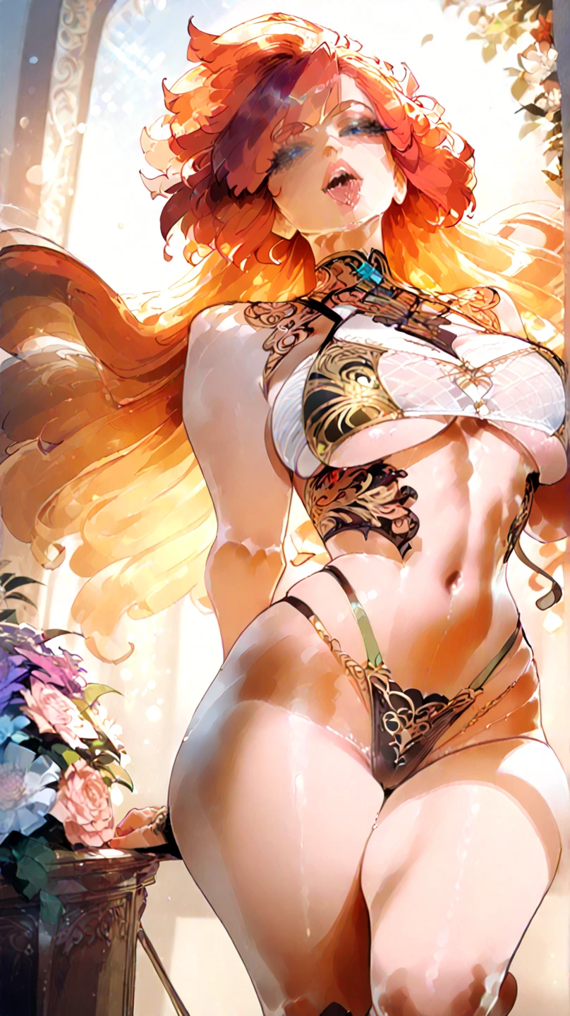 masterpiece, best quality, very aesthetic, absurdres, 1girl, mature_lady, in Desert ,1 Pretty girl,Tighten the body,clothes details,There are intricate gold threads on the clothes,pearls necklace,white skinned,looking at viewer, ,nami_(one_piece), long_hair, orange_hair, grey_eyes, arm_tattoo, large_breasts,,in Desert, Desert Princess,surrounding by flowers,falling_petals, outdoors, petals,,,blur background,background defocus,