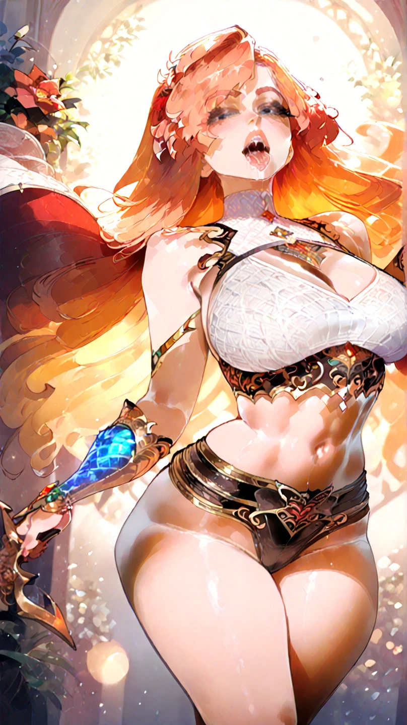 Chain bikini, chain crown, bare belly, big breasts, fire hair, red eyes, godness of fire,